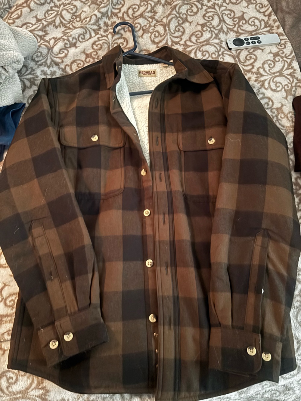 RedHead Men's Brown and Dark Brown Plaid Sherpa-Lined Shirt Jacket